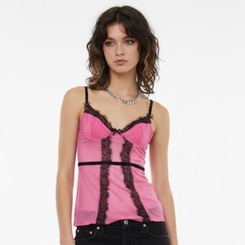 Frederick's of Hollywood Y2K Babydoll Tank Pink Lace Mesh Whimsigoth Sheer L